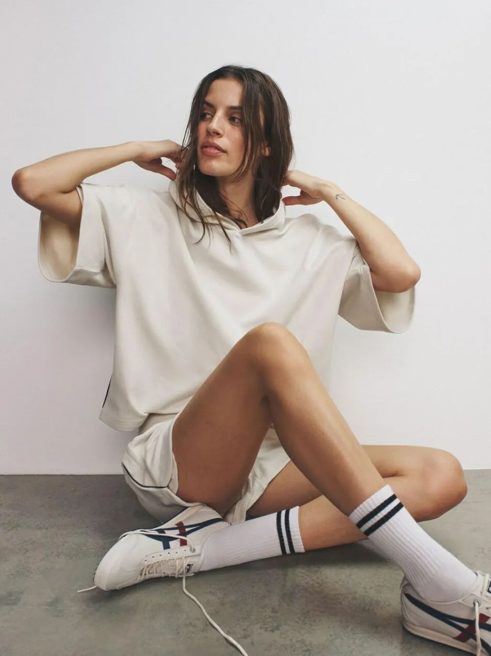 The Set Soft Touch Ribbed Sweat Hoodie And Shorts Set Cream^Women Shorts