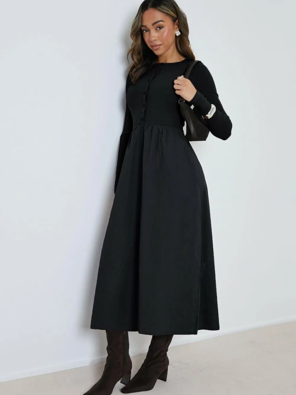 Threadbare 2-in-1 Jersey Poplin Mix Button Down Dress^Women Midi Dresses|Dresses