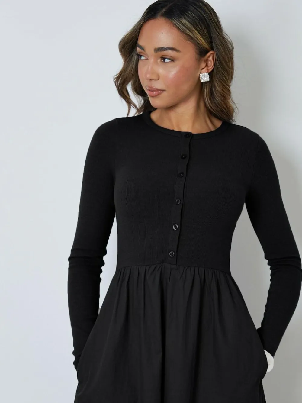 Threadbare 2-in-1 Jersey Poplin Mix Button Down Dress^Women Midi Dresses|Dresses