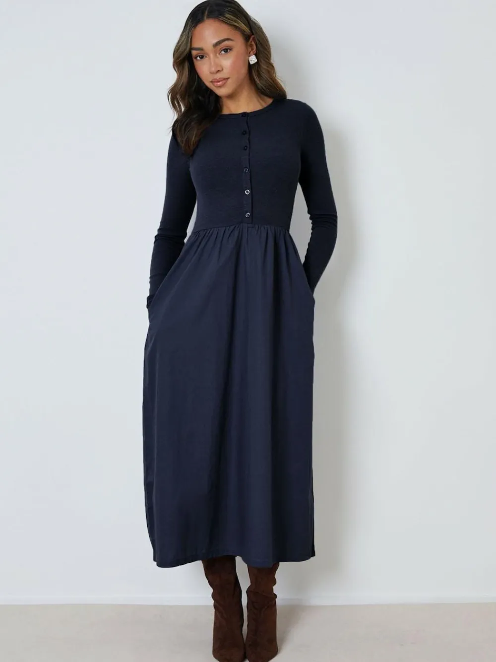 Best Threadbare 2-in-1 Jersey Poplin Mix Button Down Dress Blue