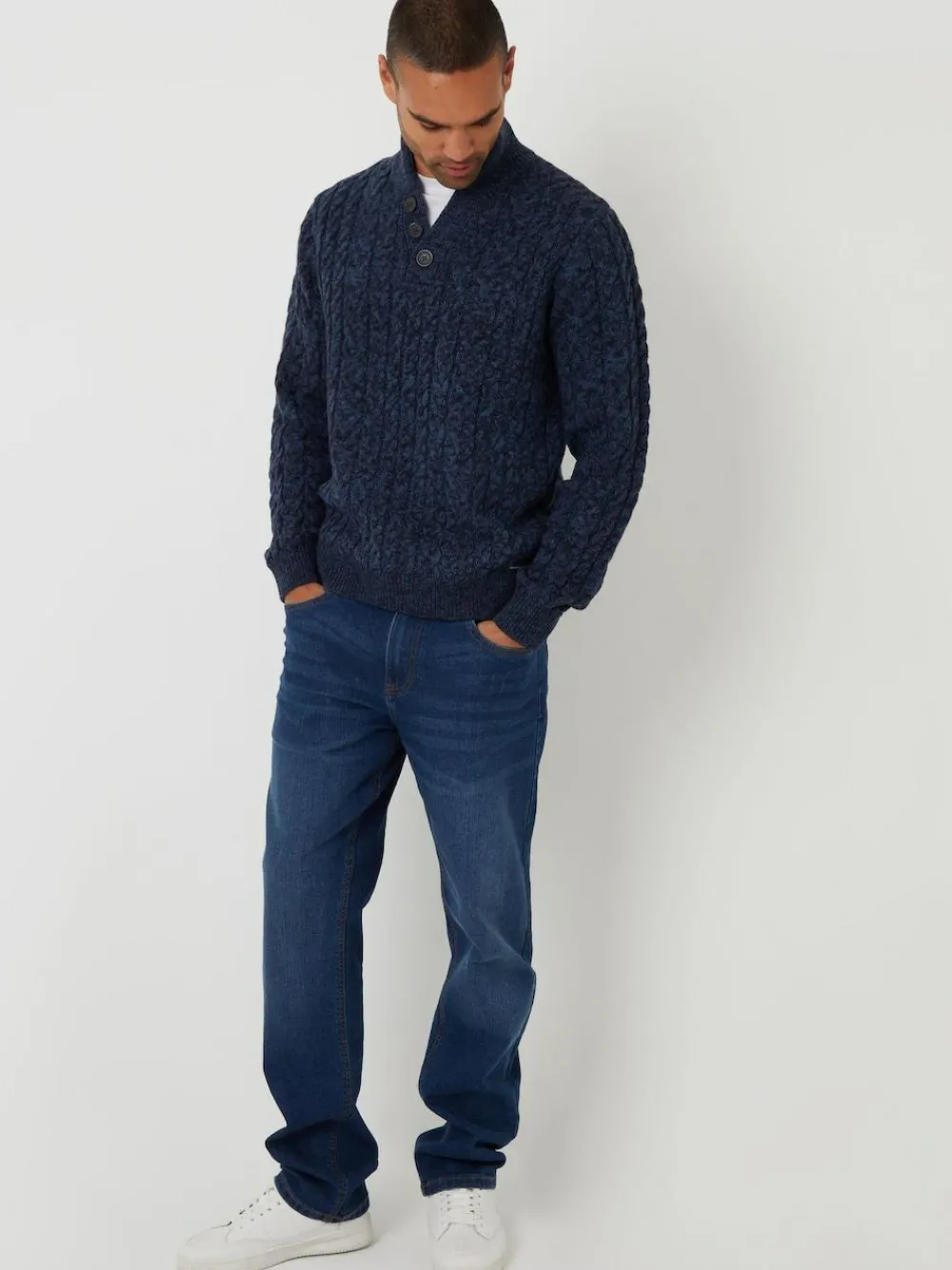 Clearance Threadbare Funnel Neck Cable Knit Jumper Navy
