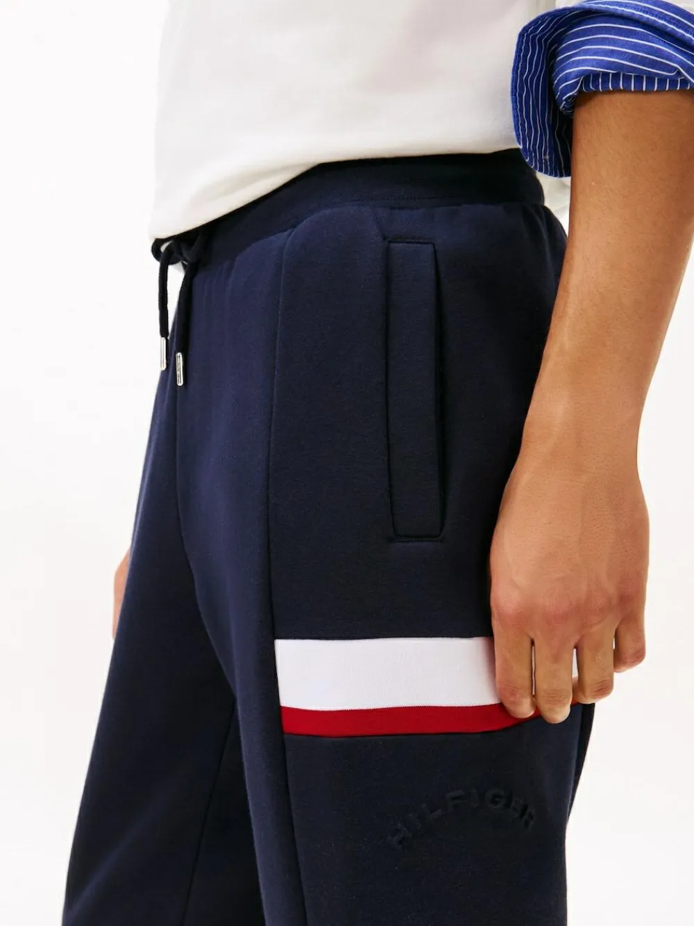 New Tommy Hilfiger Blue Colour-Blocked Fleece Cuffed Joggers