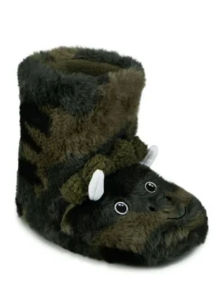 Totes Green Childrens Dinosaur Bootie Winter Slippers^BOY Nightwear