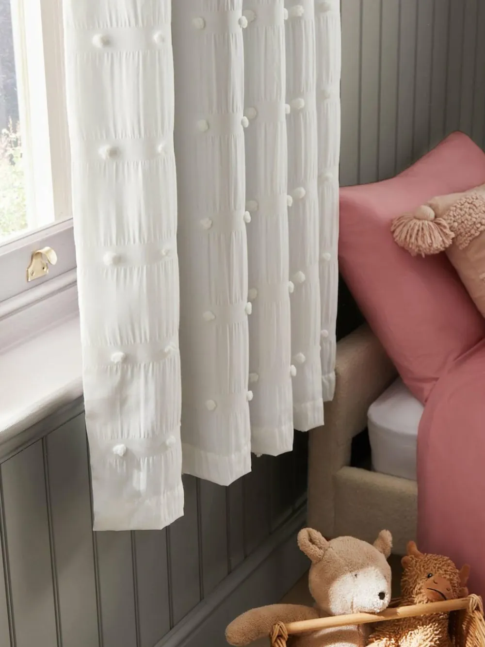 Online Next Bobble Pom Eyelet Blackout Curtains White