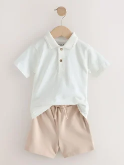 Clearance Next Short Sleeve Textured Polo Shirt and Shorts Set (3mths-7yrs) White