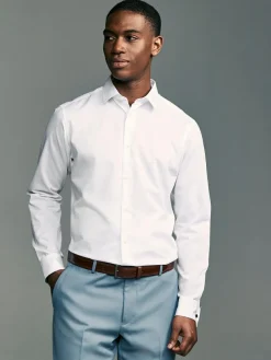 Next Slim Fit Double Cuff Easy Care Textured Smart Shirt White