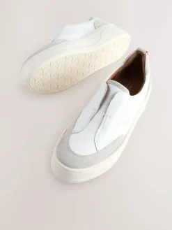 Hot Next Slip On Signature Leather Chunky Wedge Platform Trainers White
