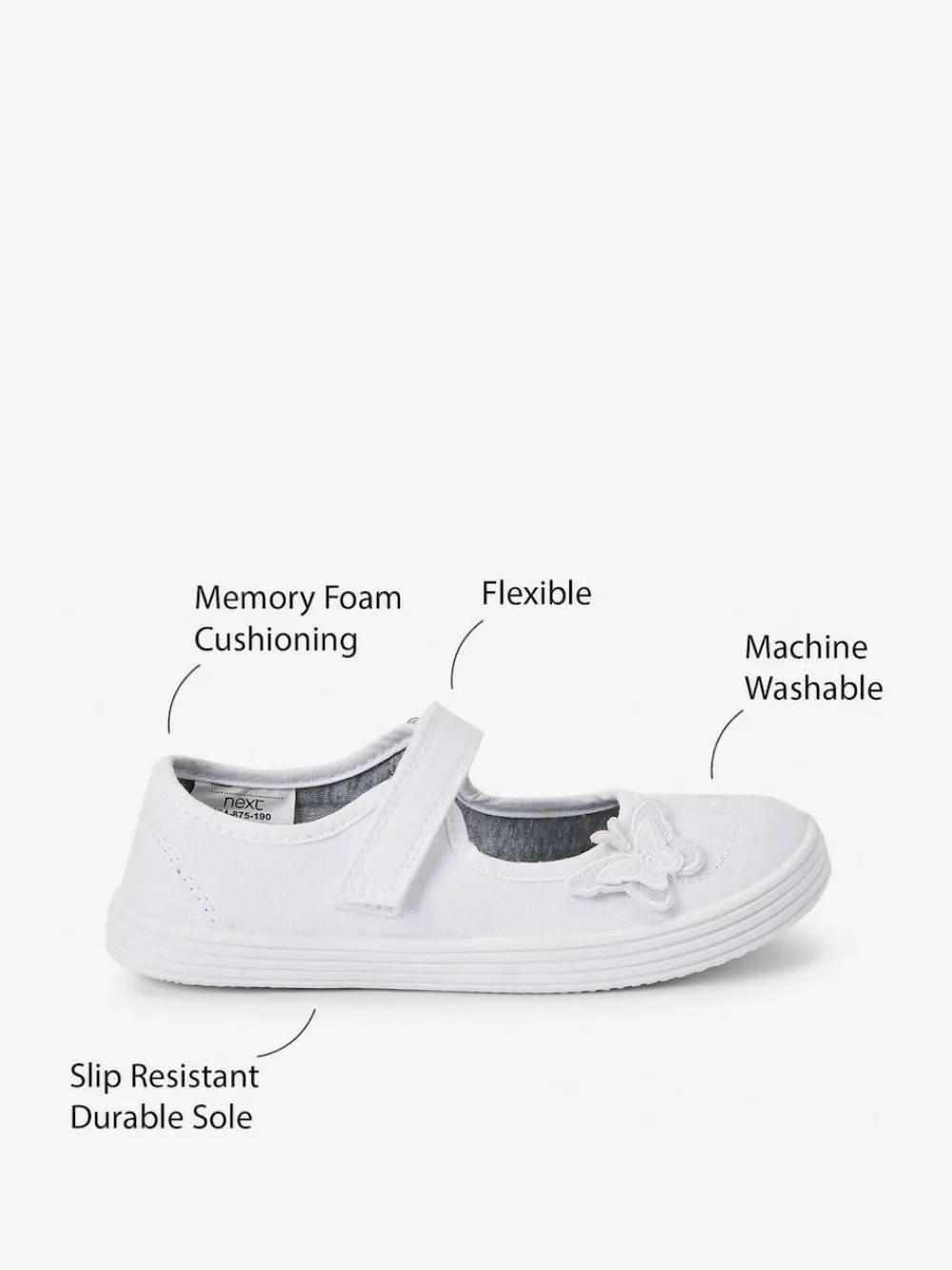 Online Next Standard Fit (F) Butterfly Embroidered School Plimsoll Shoes White