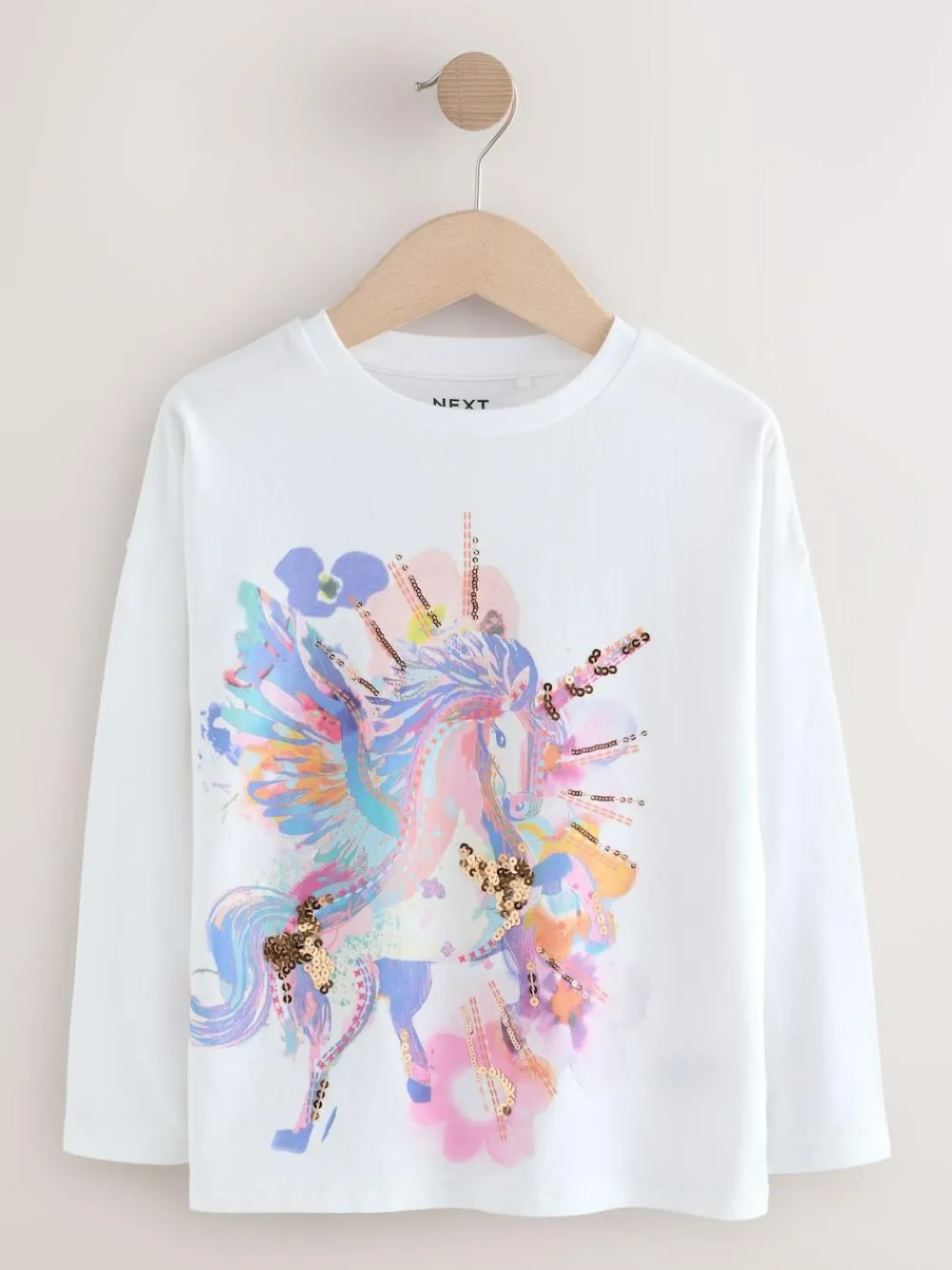 Next White Unicorn Print Long Sleeve Sequin Top (3-16yrs)^ Nightwear|T-Shirts