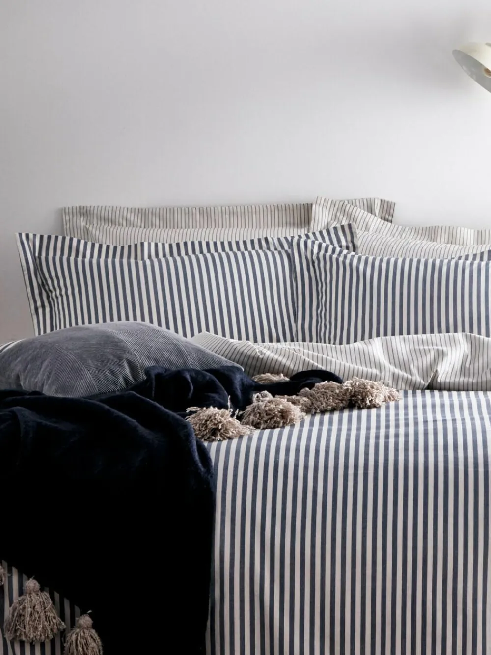 Yard Navy Blue Hebden Striped 100% Cotton Duvet Cover and Pillowcase Set^ Branded Bedlinen
