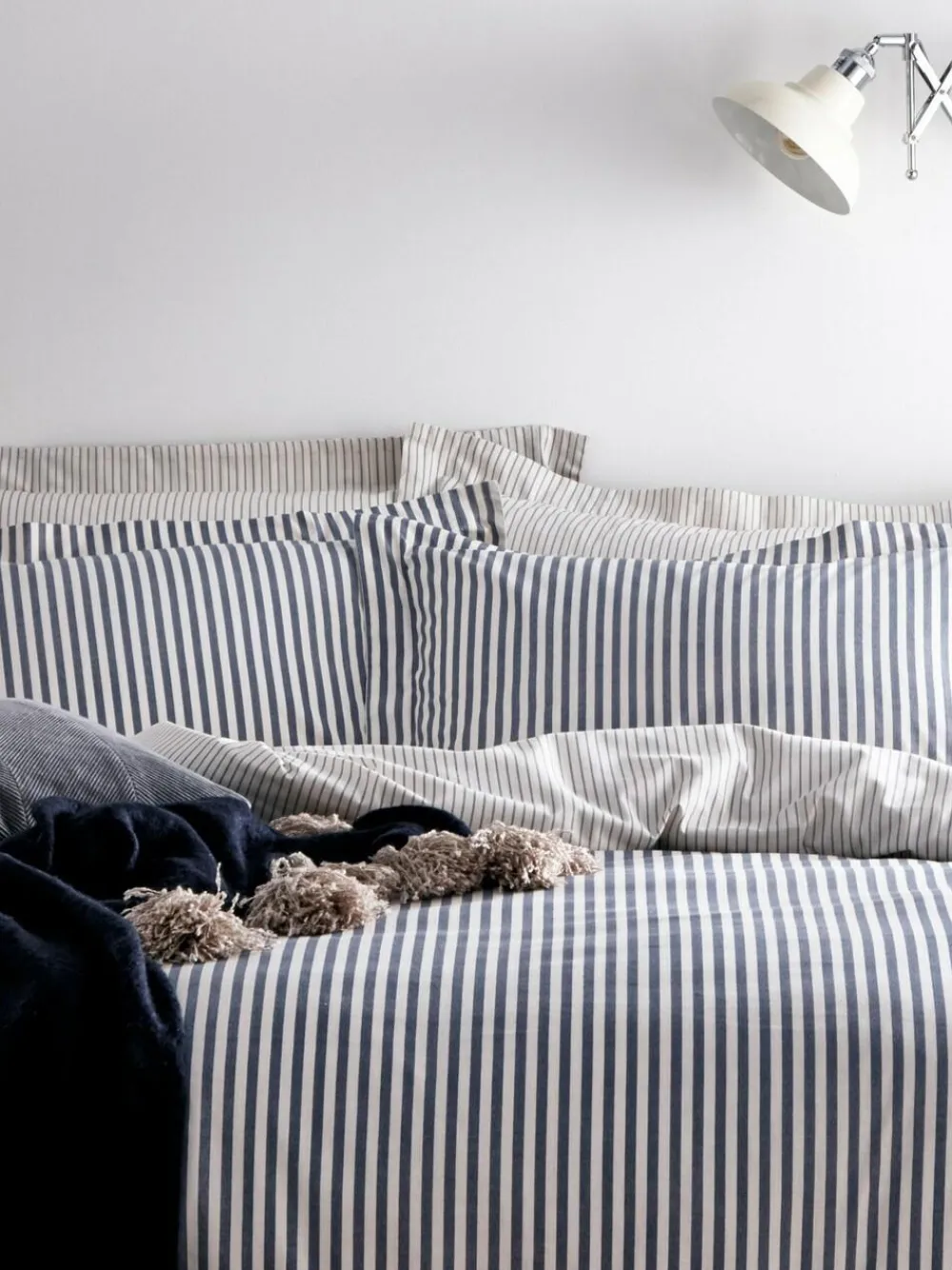 Yard Navy Blue Hebden Striped 100% Cotton Duvet Cover and Pillowcase Set^ Branded Bedlinen