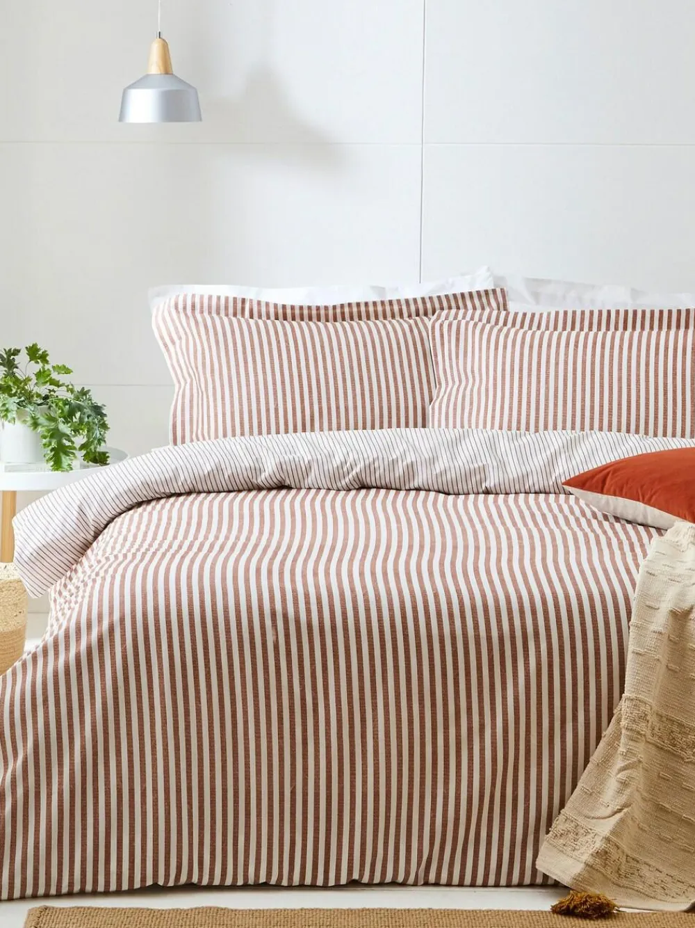 Sale Yard Pecan Brown Hebden Striped 100% Cotton Duvet Cover and Pillowcase Set