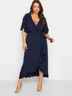 Discount Yours Curve Blue London Ruffle Wrap Dress